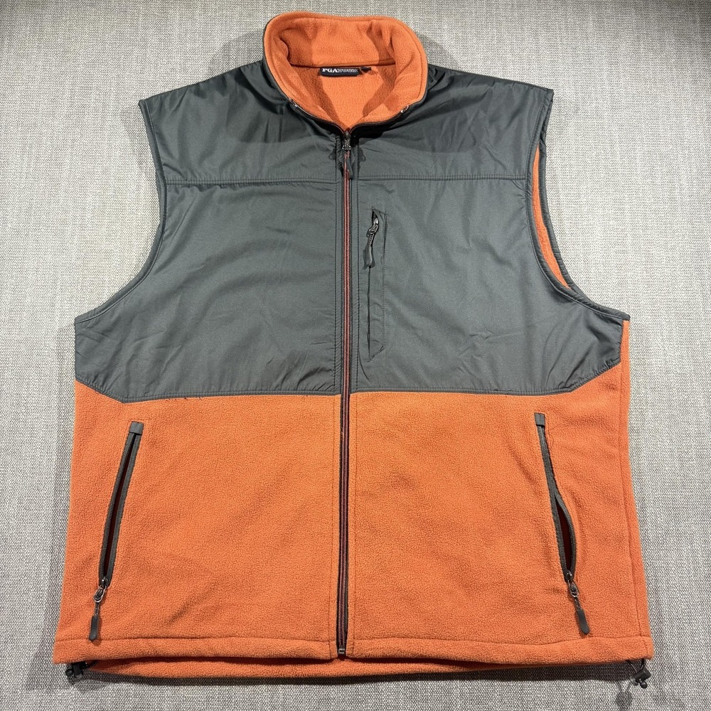 PGA TOUR Vest Mens XL Orange Fleece Full Zip Golf Windbreaker Pockets Outdoor